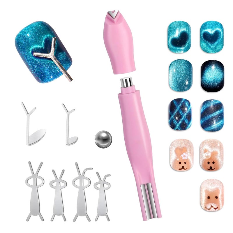 Allstarry Heart Magnet for Nails, 3 in 1 Heart Cat Eye Magnet for Nails Y Bear Bunny Shaped Guides with Magnetic Bead Flexible DIY Nail Cateye Magnets for Cat Eye Gel Polish Nail Art Salon - Image 1